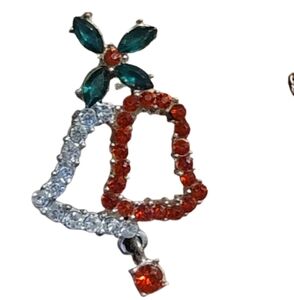 Christmas Bells brooch vintage red green silver rhinestones holly
